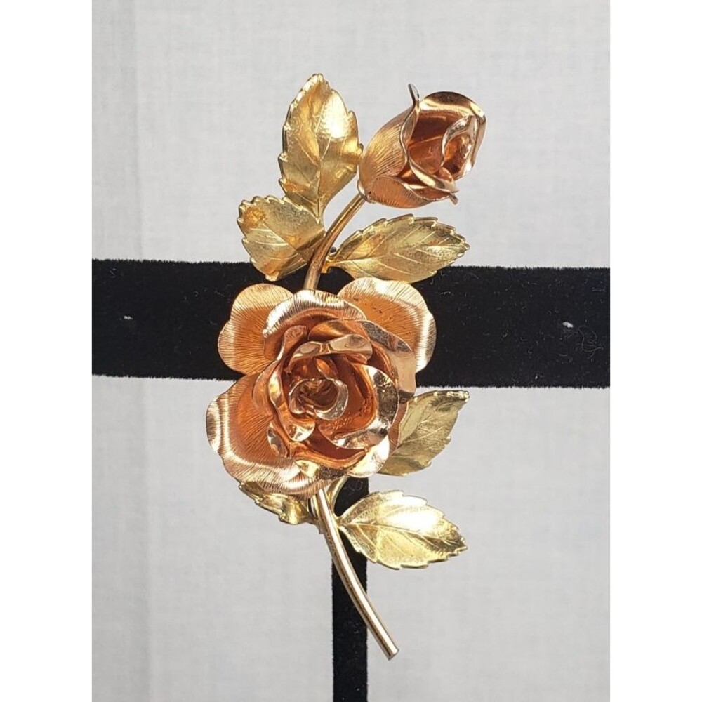 Vtg 1940's Krementz Signed Two Tone Gold Filled Rose Roses Brooch Pin 2.25" long